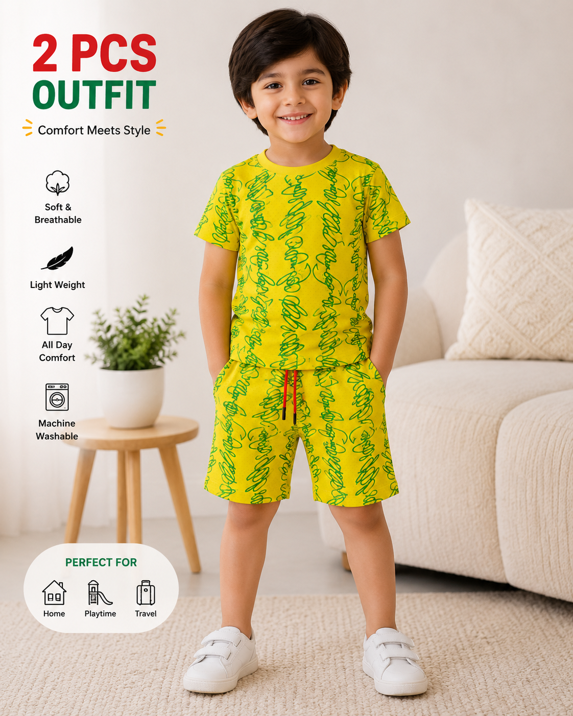 Cheerful Yellow Kids Outfit Advertisement 2PCS Set Shirt+Short kids