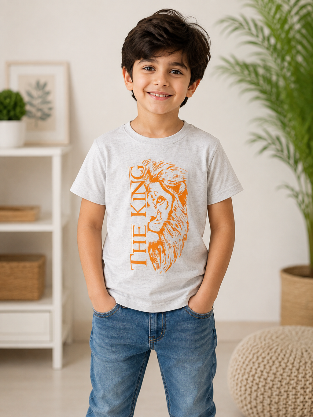 Smiling Boy in Cozy Modern Interior T-Shirt in cotton jersey fabric soft