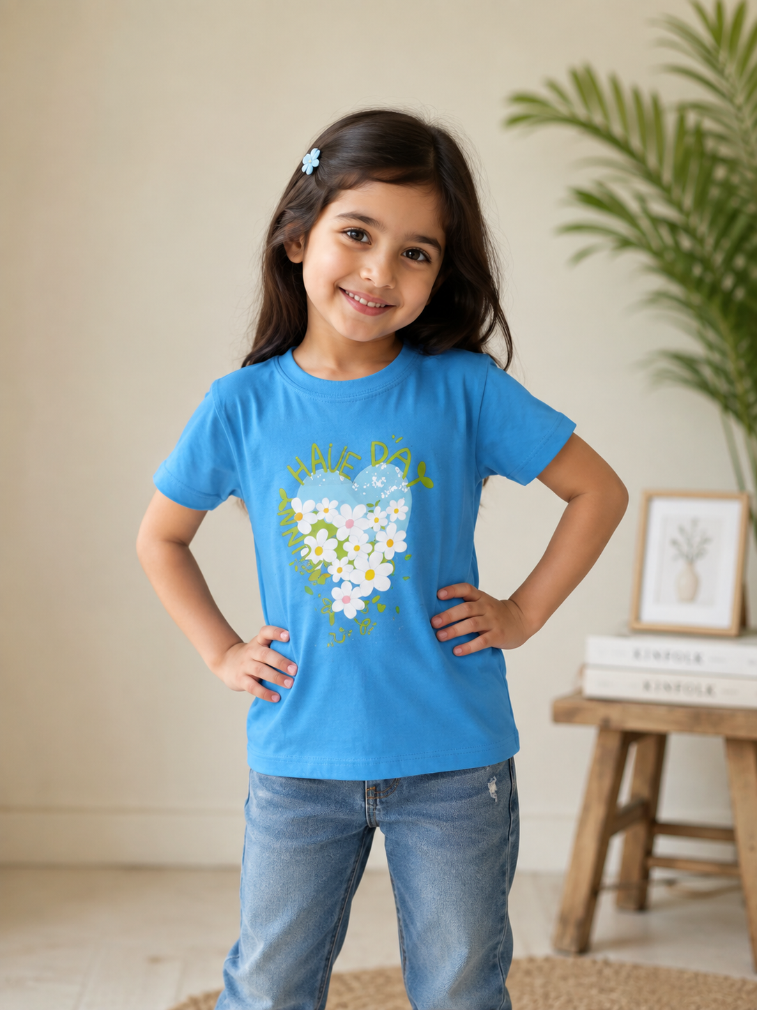 Smiling Girl in Blue Among Blooms