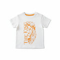 A light gray heathered short-sleeve kids' t-shirt with an orange graphic of a lion face and the text 'THE KING' printed on the front, laid flat on a light wood surface.