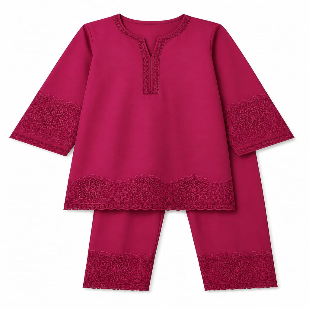 A magenta pink two-piece tunic and pants set with matching lace trim on the sleeves, hem, and cuffs, displayed on a clean white background.