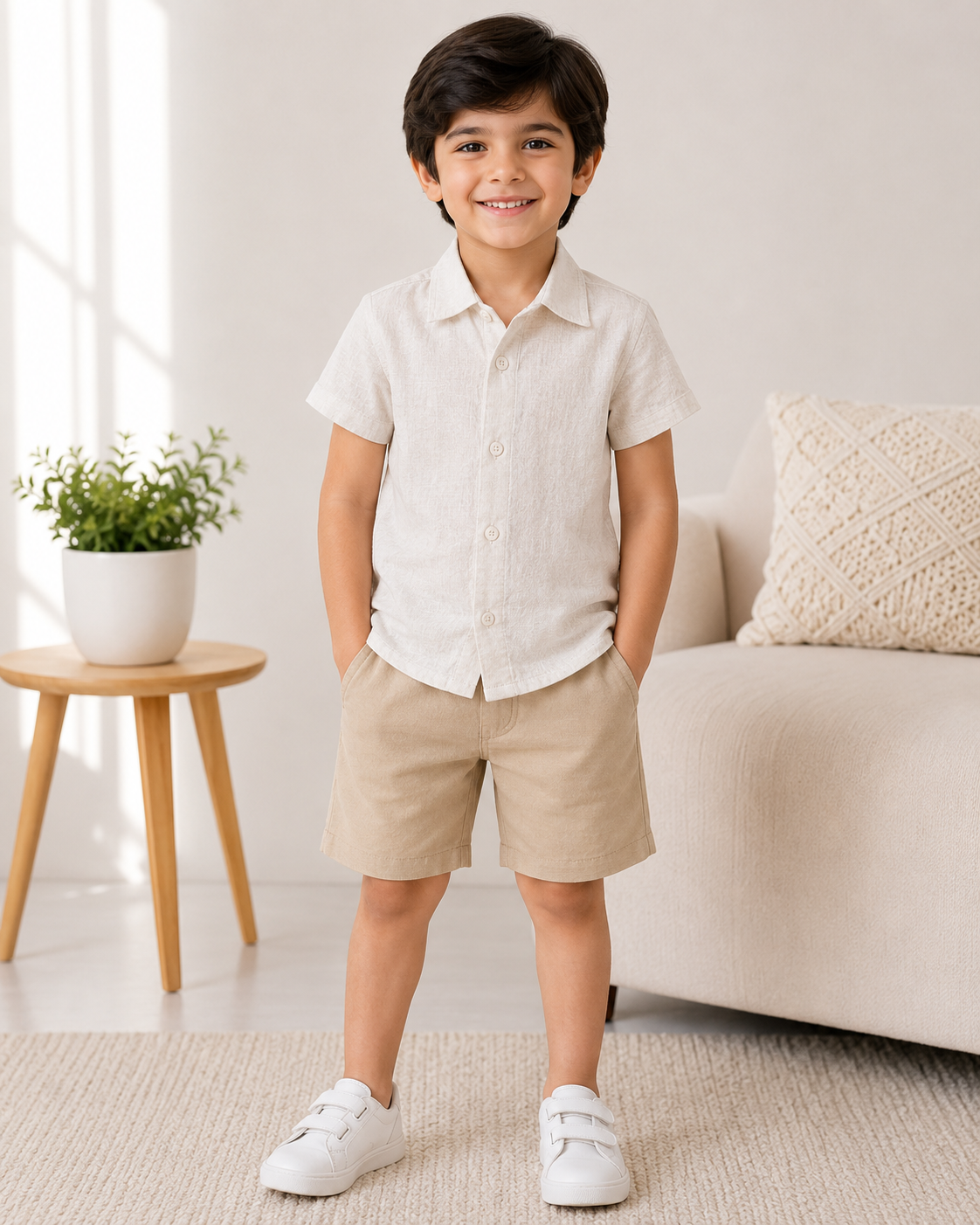Smiling Boy in Cozy Neutral Room Casual shirt for kids